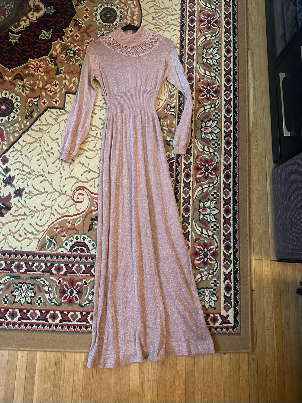 Vintage Long Sleeve Turtleneck Maxi Dress in Metallic Rose Brown - Picture 3 of 10